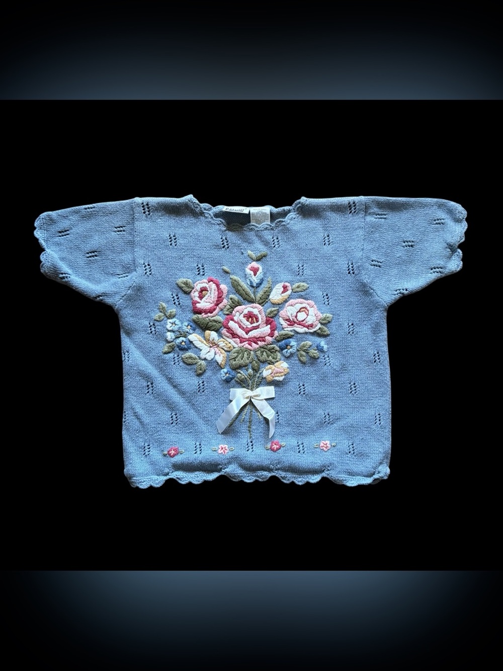 Blue Floral Embroidered Knit Top- Cottage Core
